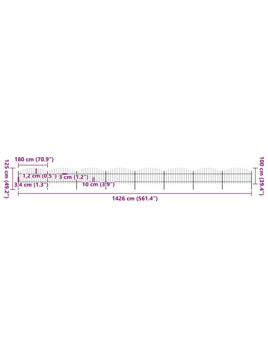 Dārza žogs ar pīķiem augšpusē, tērauds, (1-1,25)x13,6 m, melns
