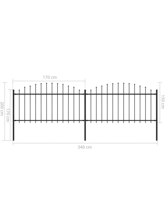 Dārza žogs ar pīķiem augšpusē, tērauds, (1,25-1,5)x3,4 m, melns