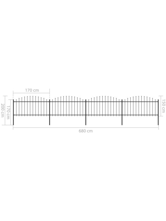 Dārza žogs ar pīķiem augšpusē, tērauds, (1,25-1,5)x6,8 m, melns