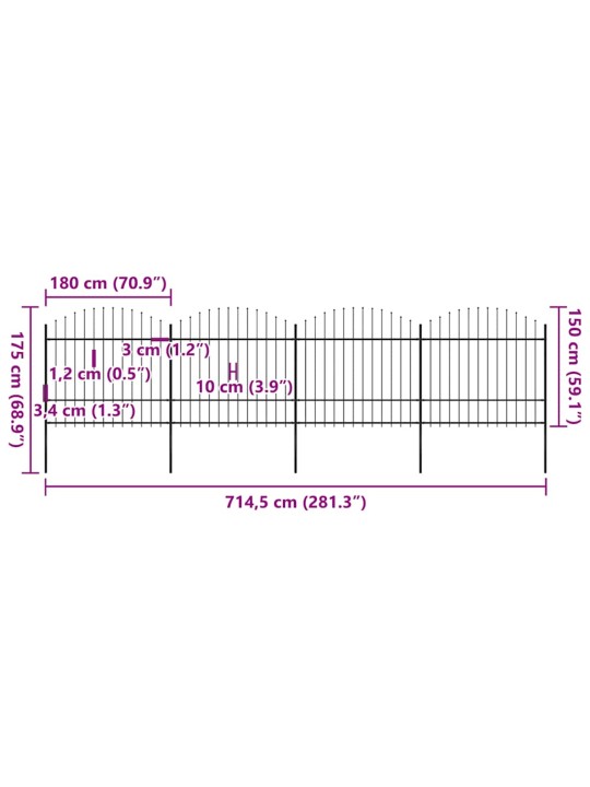 Dārza žogs ar šķēpu galiem, tērauds, 714,5x175 cm, melns
