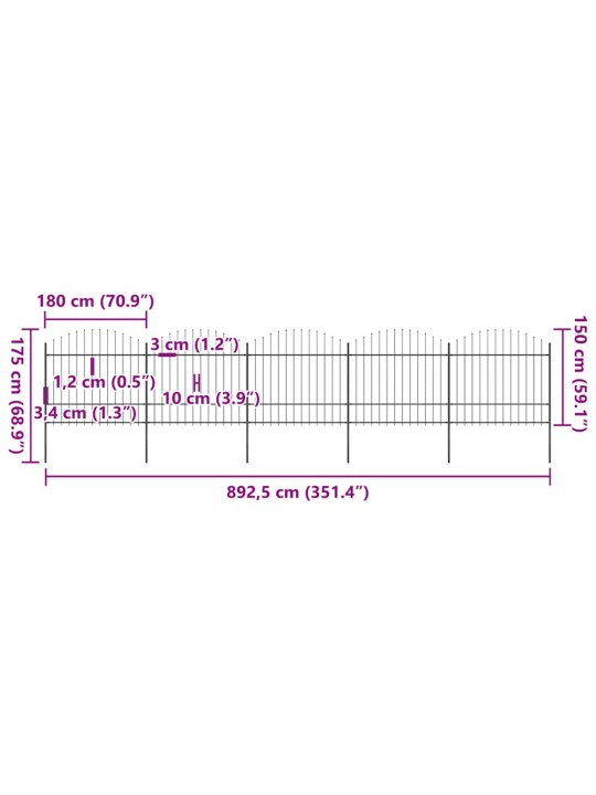 Dārza žogs ar šķēpu galiem, tērauds, 892,5x175 cm, melns