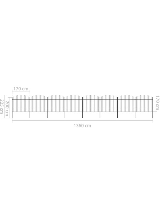 Dārza žogs ar pīķiem augšpusē, tērauds, (1,5-1,75)x13,6m, melns