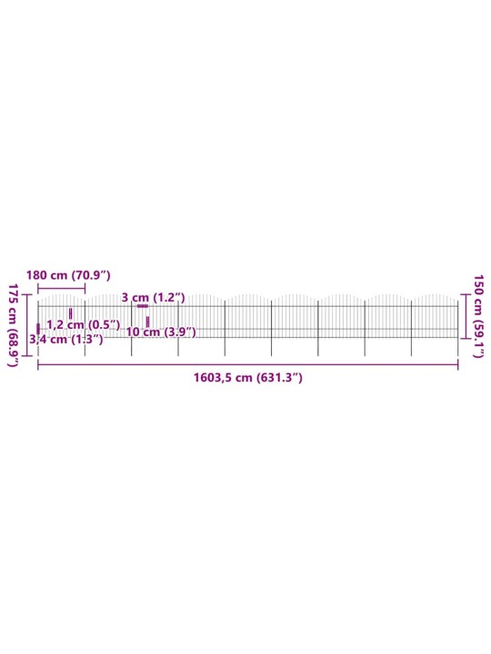 Dārza žogs ar pīķiem augšpusē, tērauds, (1,5-1,75)x15,3m, melns
