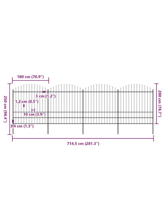 Dārza žogs ar šķēpu galiem, tērauds, 714,5x200 cm, melns