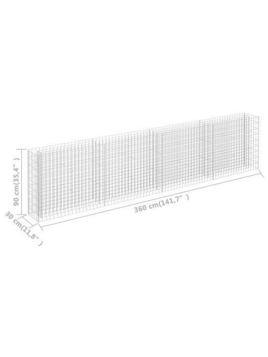 Gabions, augstā puķu kaste, cinkots tērauds, 360x30x90 cm