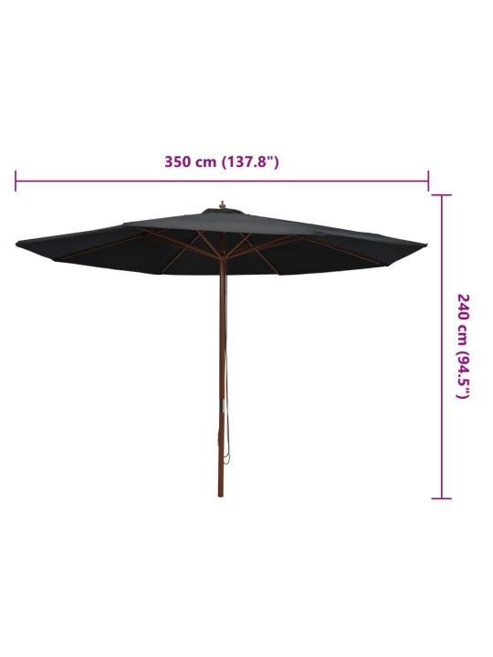 Dārza saulessargs ar koka kātu, 350 cm, melns