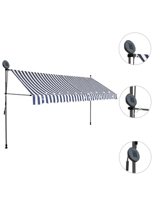 Izvelkama markīze ar led, manuāla, 350 cm, zila ar baltu