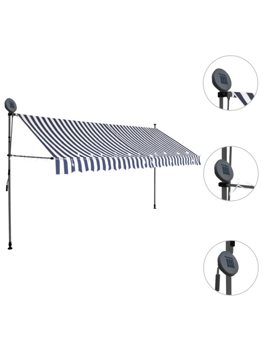 Izvelkama markīze ar led, manuāla, 400 cm, zila ar baltu