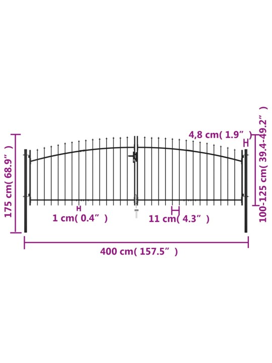 Dārza vārti ar pīķiem augšpusē, divviru, 400x175 cm