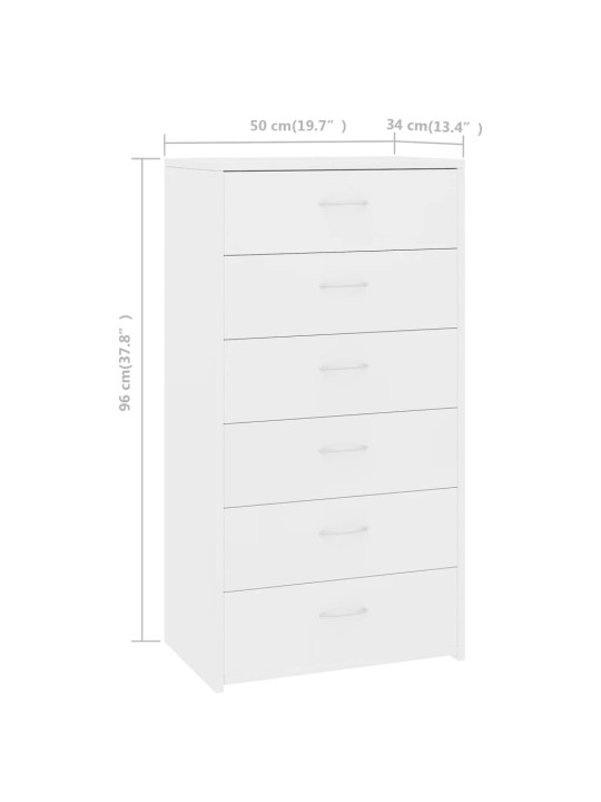 Kumode ar 6 atvilktnēm, balta, 50x34x96 cm, inženierijas koks