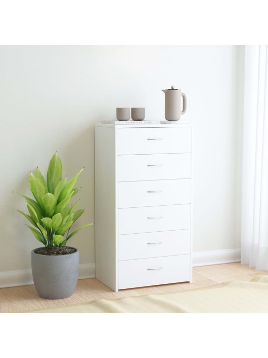 Kumode ar 6 atvilktnēm, balta, 50x34x96 cm, inženierijas koks
