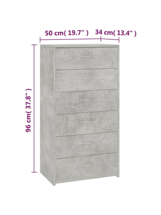 Kumode ar 6 atvilktnēm, pelēka, 50x34x96 cm, inženierijas koks