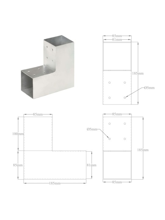 Stabu savienotāji, 4 gab., L forma, cinkots metāls, 81x81 mm