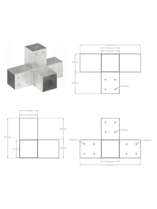 Stabu savienotājs, x forma, cinkots metāls, 81x81 mm