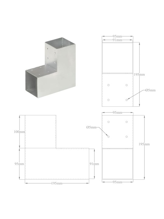 Stabu savienotāji, 4 gab., L forma, cinkots metāls, 91x91 mm