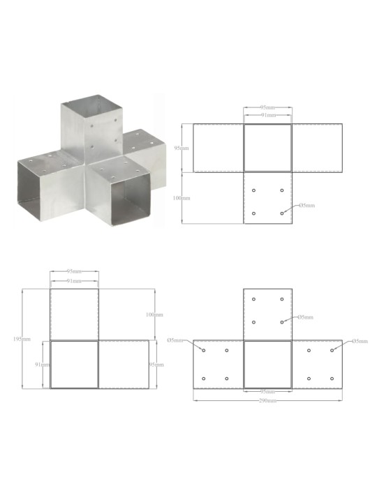 Stabu savienotāji, 4 gab., X forma, cinkots metāls, 91x91 mm