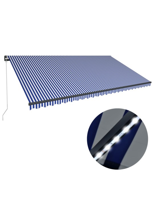 Izvelkama markīze ar led, zila un balta, 600x300 cm, manuāla