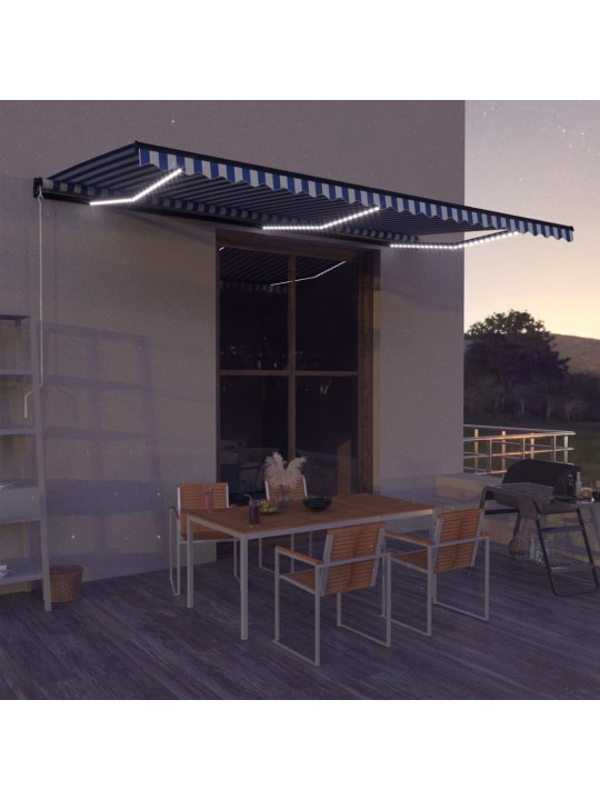 Izvelkama markīze ar led, zila un balta, 600x300 cm, manuāla