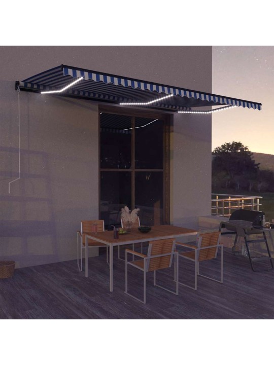 Markīze ar vēja sensoru un led, 600x300 cm, zila ar baltu