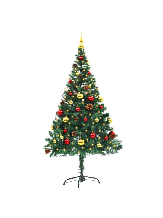 Izgaismota mākslīgā Ziemassvētku egle ar bumbām, 150 cm, zaļa