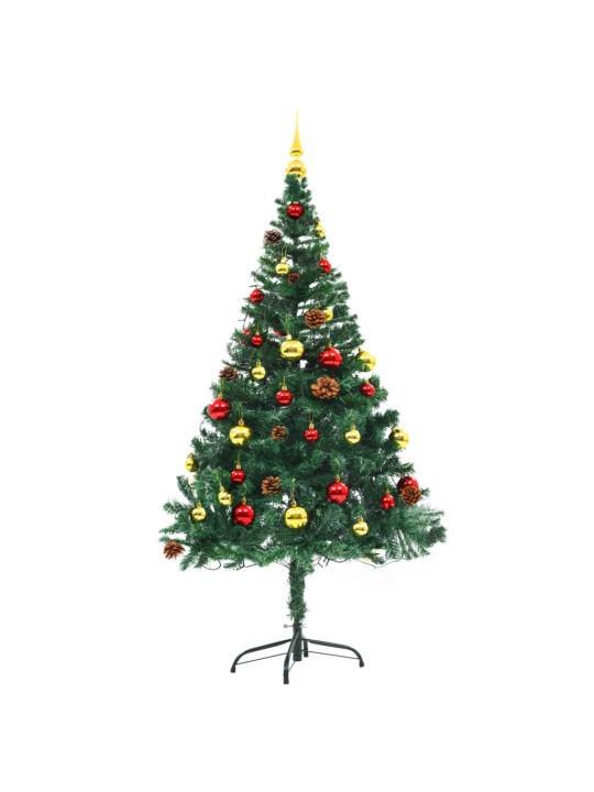 Izgaismota mākslīgā Ziemassvētku egle ar bumbām, 150 cm, zaļa