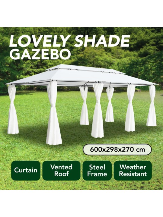 Dārza nojume ar aizkariem, 600x298x270 cm, balta, 180g/m²