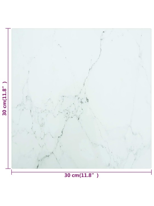 Galda virsma, balta, 30x30 cm, 6 mm, stikls ar marmora dizainu