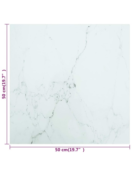 Galda virsma, balta, 50x50 cm, 6 mm, stikls ar marmora dizainu