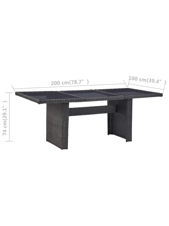 Dārza galds, 200x100x74 cm, melns, stikls un pe rotangpalma