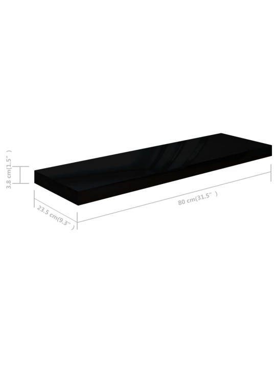 Sienas plaukti, 2 gab., spīdīgi melni, 80x23,5x3,8 cm, mdf