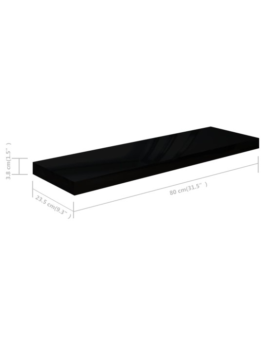 Sienas plaukti, 4 gab., spīdīgi melni, 80x23,5x3,8 cm, mdf