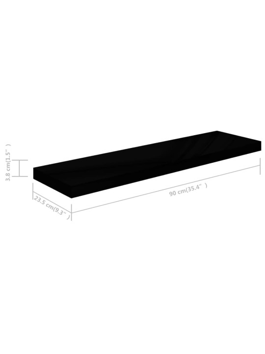 Sienas plaukti, 2 gab., spīdīgi melni, 90x23,5x3,8 cm, mdf