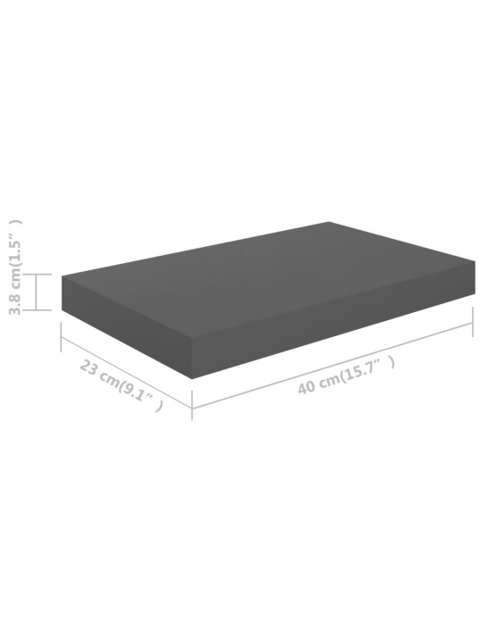 Sienas plaukti, 4 gab., spīdīgi pelēki, 40x23x3,8 cm, mdf