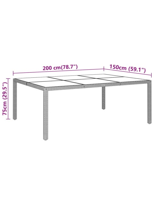 Dārza galds, 200x150x75 cm, melns, rūdīts stikls, pe rotangpalma