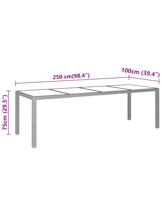 Dārza galds, 250x100x75cm, rūdīts stikls, pelēka pe rotangpalma