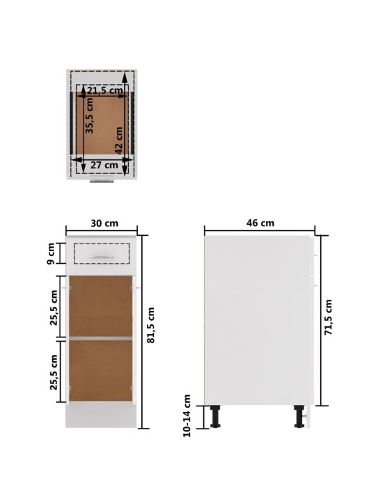 Apakšējais skapītis ar atvilktnēm, balts, 30x46x81,5 cm