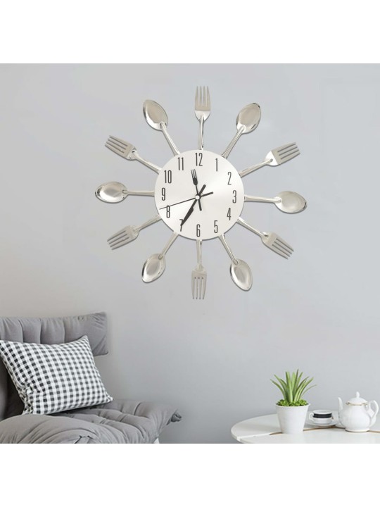 325162 wall clock with spoon and fork design silver 31 cm aluminium