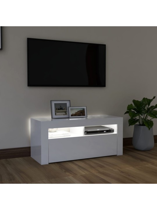 Tv galdiņš ar led lampiņām, 90x35x40 cm, spīdīgi balts
