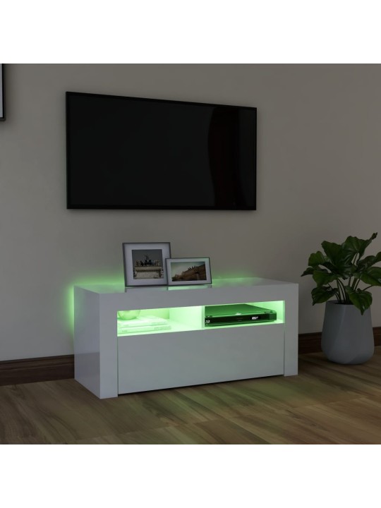 Tv galdiņš ar led lampiņām, 90x35x40 cm, spīdīgi balts