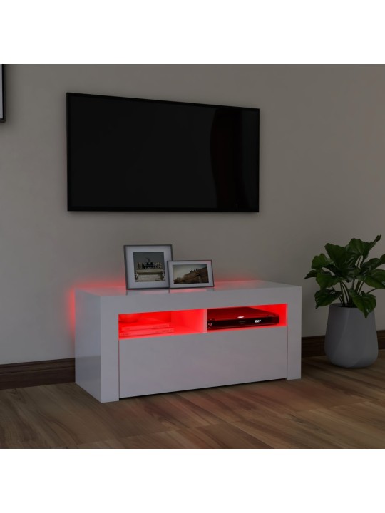 Tv galdiņš ar led lampiņām, 90x35x40 cm, spīdīgi balts