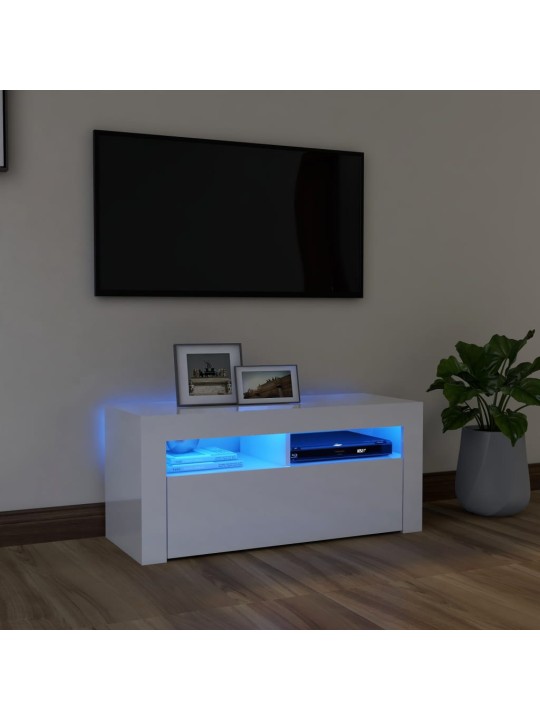 Tv galdiņš ar led lampiņām, 90x35x40 cm, spīdīgi balts