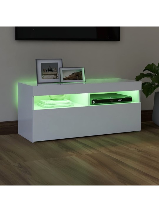 Tv galdiņš ar led lampiņām, 90x35x40 cm, balts