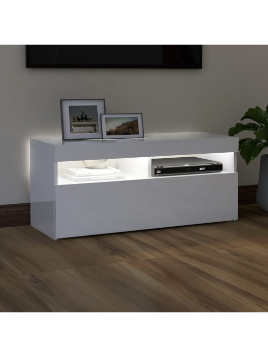 Tv galdiņš ar led lampiņām, spīdīgi balts, 90x35x40 cm