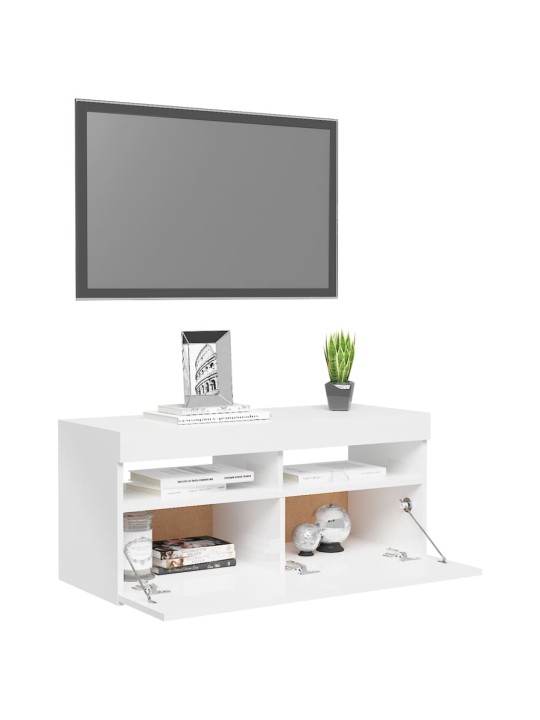 Tv galdiņš ar led lampiņām, spīdīgi balts, 90x35x40 cm