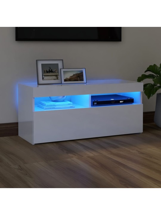 Tv galdiņš ar led lampiņām, spīdīgi balts, 90x35x40 cm