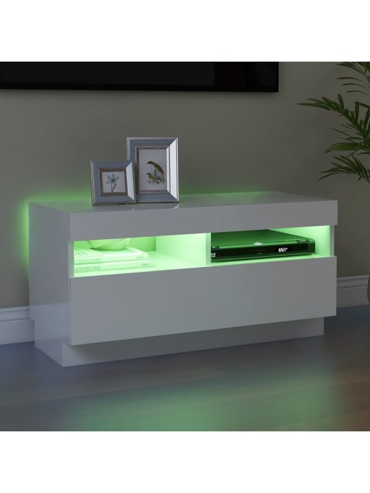 Tv skapītis ar led lampiņām, spīdīgi balts, 80x35x40 cm