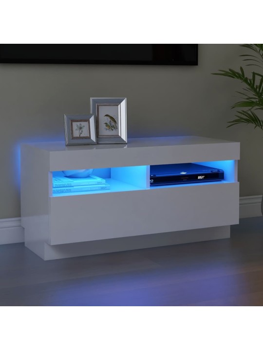 Tv skapītis ar led lampiņām, spīdīgi balts, 80x35x40 cm
