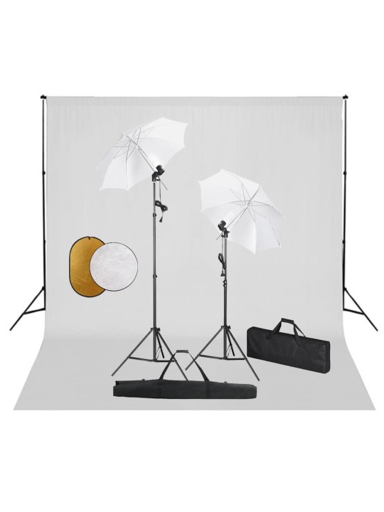 Fotostudijas komplekts – lampas, lietussargi, fons, reflektori