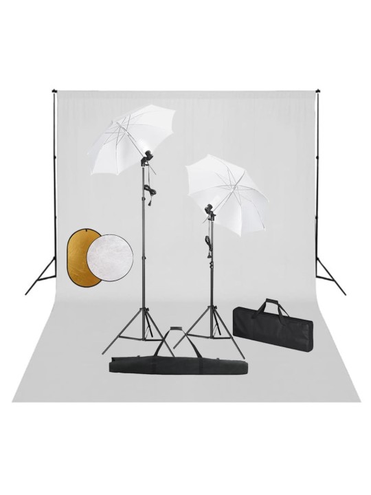 Fotostudijas komplekts – lampas, lietussargi, fons, reflektori