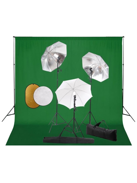 Fotostudijas komplekts – lampas, lietussargi, fons, reflektori